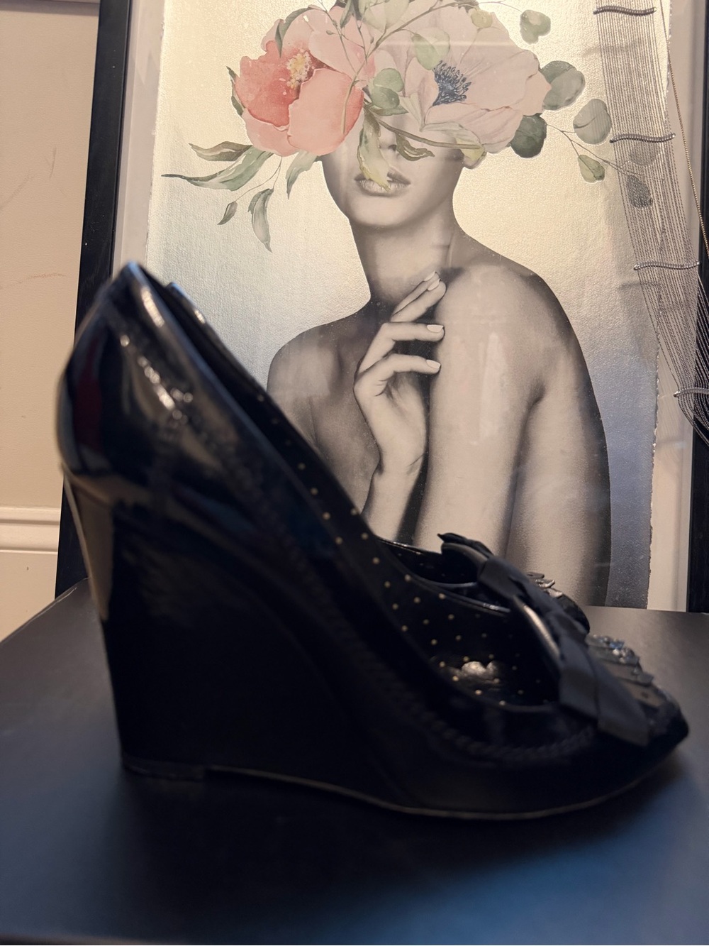 Moschino Black Patent Leather High Heel Wedges Sandal Peep Toe